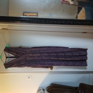 Brown polka dot, v-neck, sip back, wide leg, sleeveless jump suit